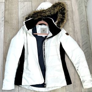 White, with removable fur hood